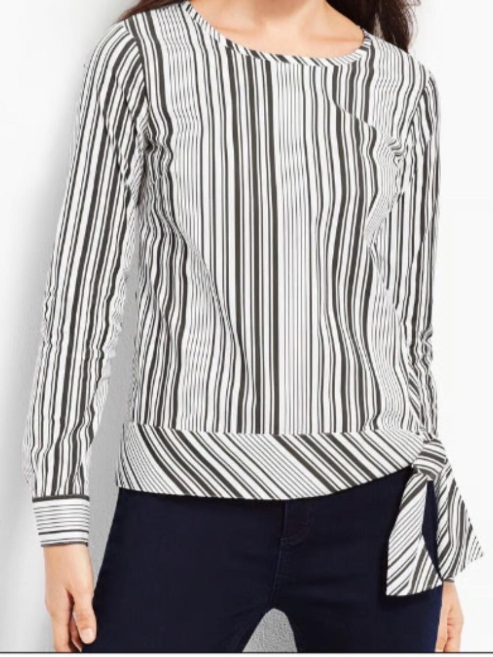 Talbots Petites poplin side-tie black white striped cotton top blouse Size P